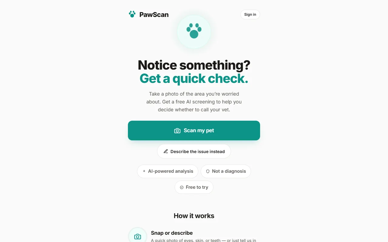 Screenshot of pawscan.ai: Is your pet okay? Take a photo, get an instant AI health check.